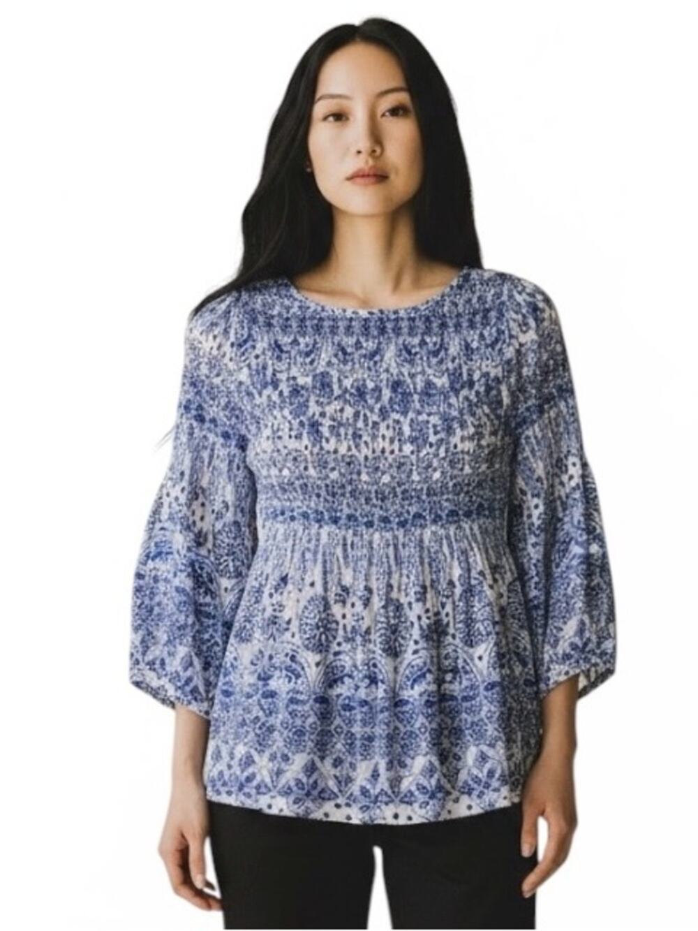 Floral & Ivy Smocked Blouse Blue White Floral Peasant Boho Top Small NWT